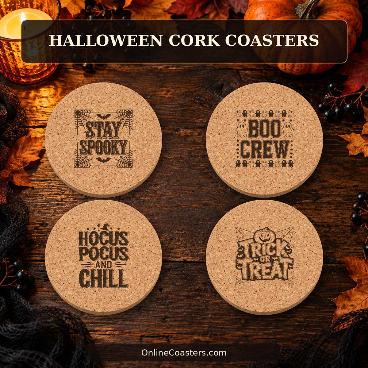 Halloween Cork Coasters collection with four laser engraved cork coaster designs on a rustic fall tabletop