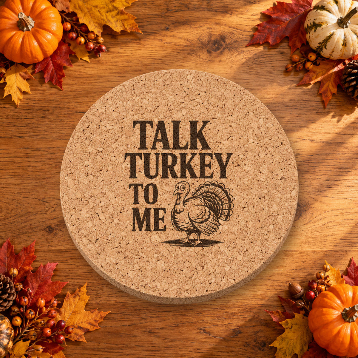 Talk Turkey to Me cork coaster on a Thanksgiving table