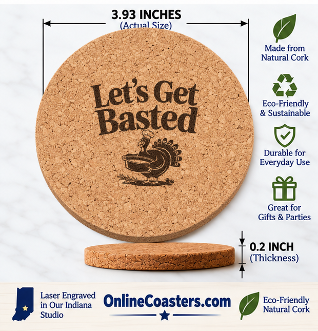 Chef Turkey Roast cork coaster size diagram, 3.93 inch diameter and 0.2 inch thickness