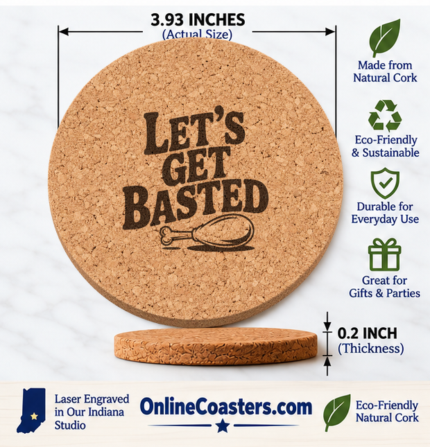 Thanksgiving Drumstick cork coaster size diagram, 3.93 inch diameter and 0.2 inch thickness