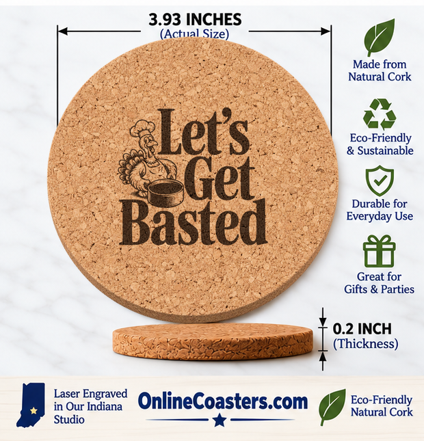 Roastmaster Turkey cork coaster size diagram, 3.93 inch diameter and 0.2 inch thickness
