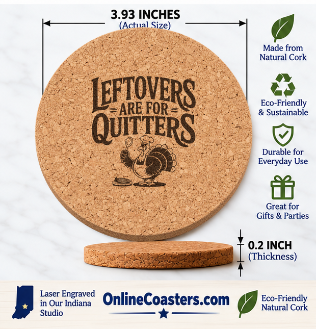 Chef Turkey Feast cork coaster size diagram, 3.93 inch diameter and 0.2 inch thickness
