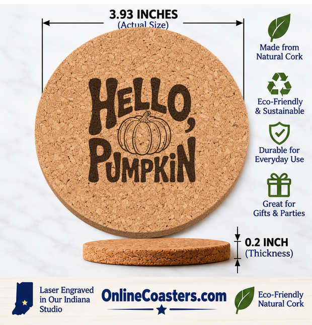Hello Pumpkin Greeting cork coaster size diagram, 3.93 inch diameter and 0.2 inch thickness
