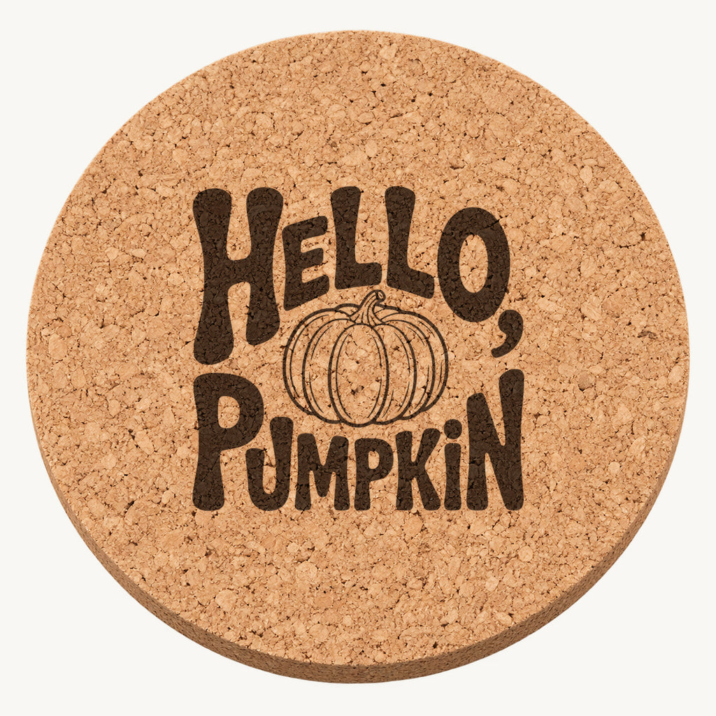 Hello Pumpkin Greeting laser engraved Thanksgiving cork coaster - front view