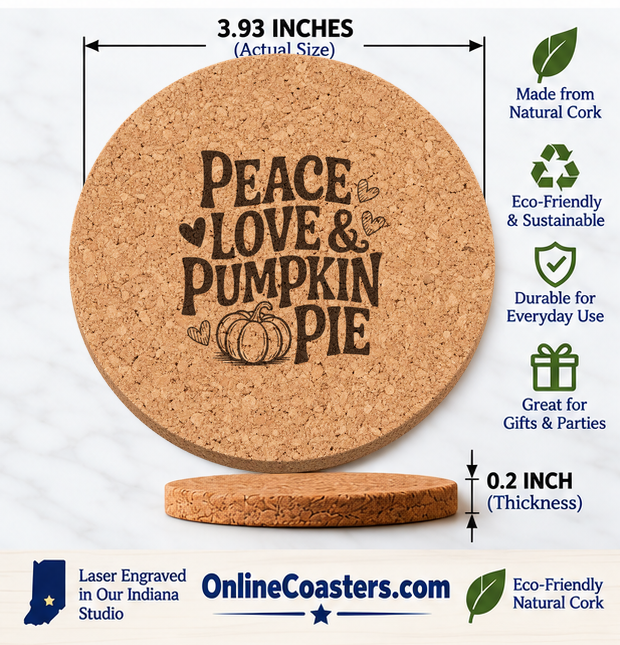 Harvest Heart Pumpkin cork coaster size diagram, 3.93 inch diameter and 0.2 inch thickness