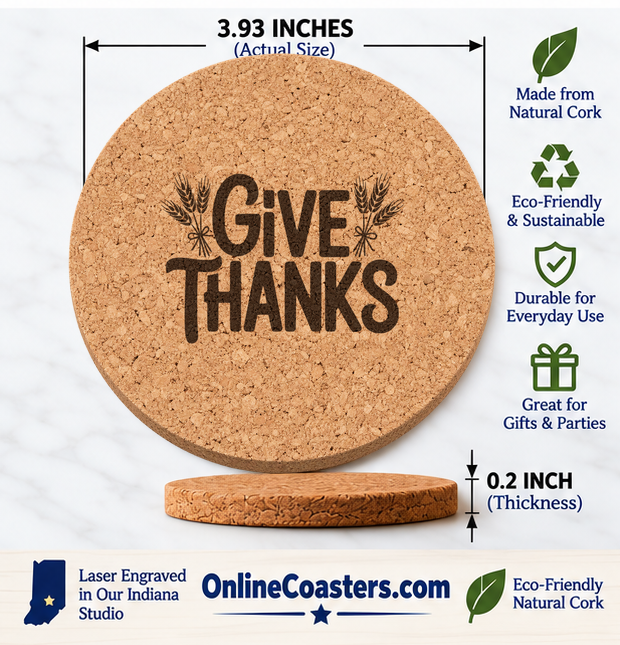 Give Thanks Sheaves cork coaster size diagram, 3.93 inch diameter and 0.2 inch thickness