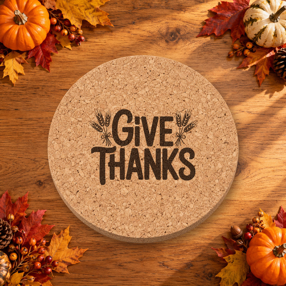 Give Thanks Sheaves Thanksgiving cork coaster - lifestyle view