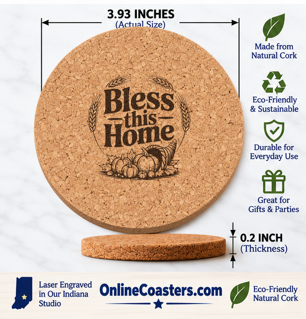Harvest Horn Bounty cork coaster size diagram, 3.93 inch diameter and 0.2 inch thickness