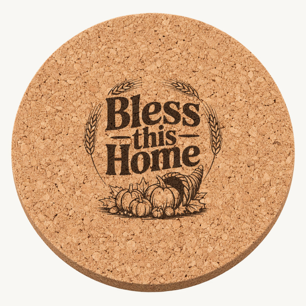 Harvest Horn Bounty laser engraved Thanksgiving cork coaster - front view