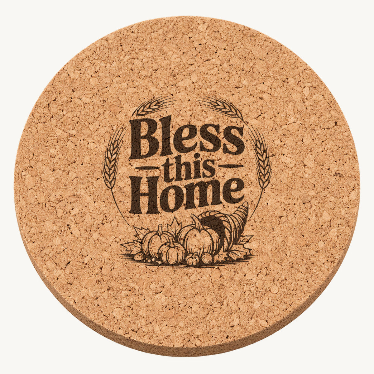 Harvest Horn Bounty laser engraved Thanksgiving cork coaster - front view