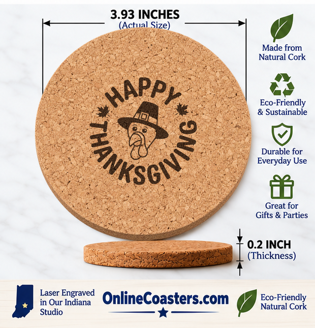 Pilgrim Hat Turkey cork coaster size diagram, 3.93 inch diameter and 0.2 inch thickness