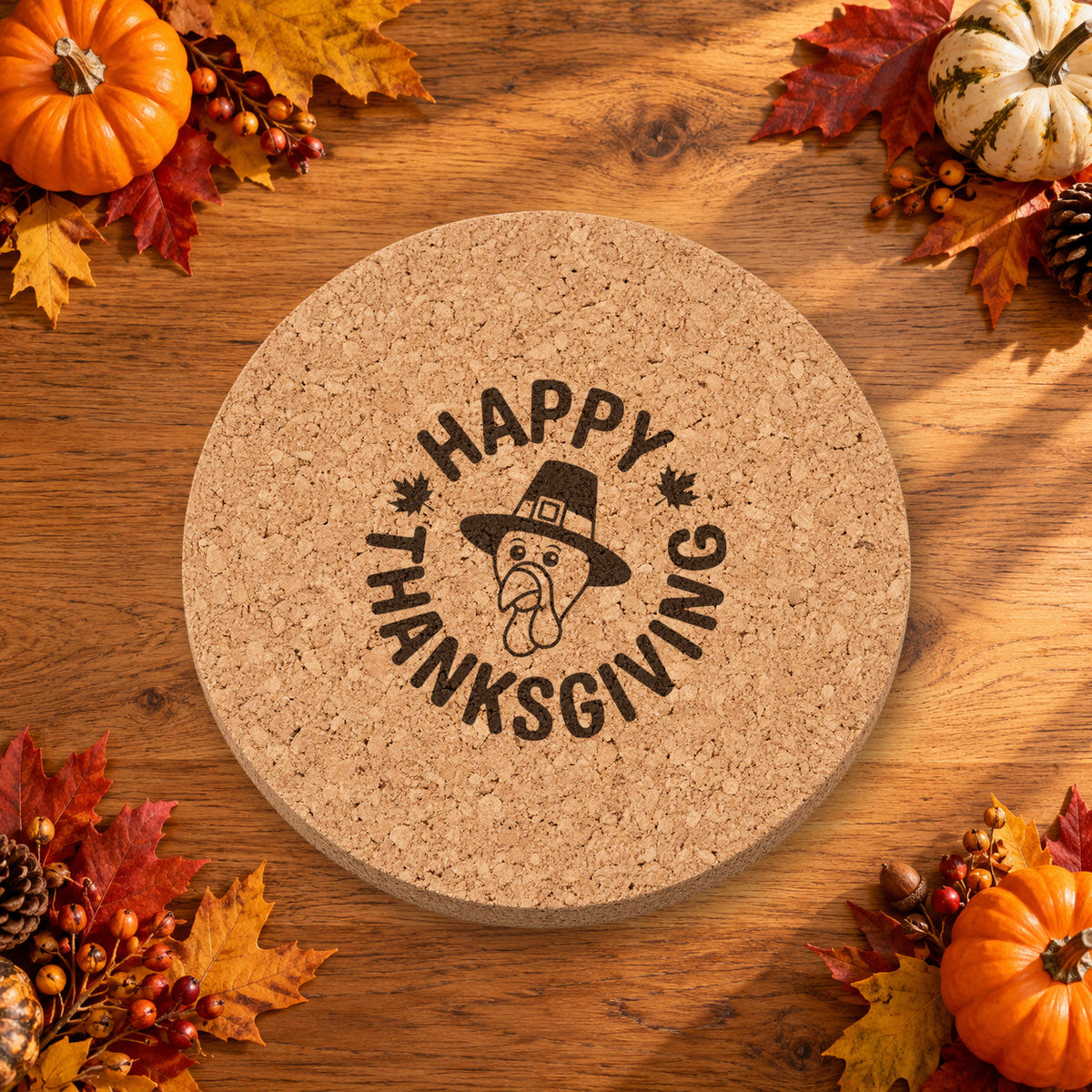 Pilgrim Hat Turkey Thanksgiving cork coaster - lifestyle view