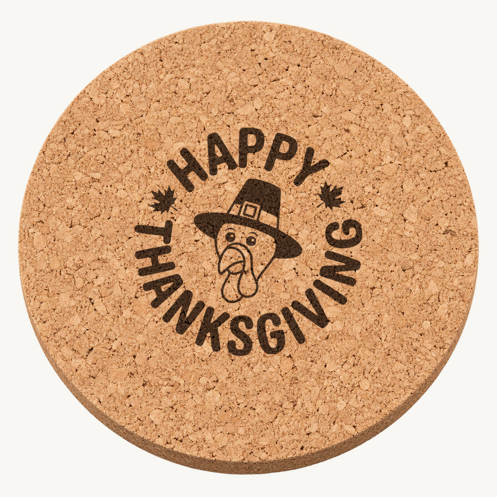 Pilgrim Hat Turkey laser engraved Thanksgiving cork coaster - front view
