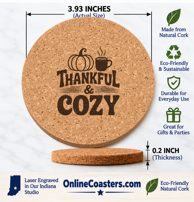 Thankful Cozy cork coaster size diagram, 3.93 inch diameter and 0.2 inch thickness
