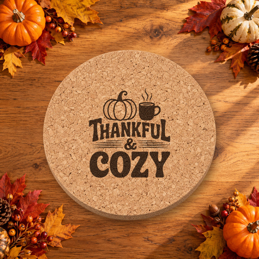 Thankful Cozy Thanksgiving cork coaster - lifestyle view