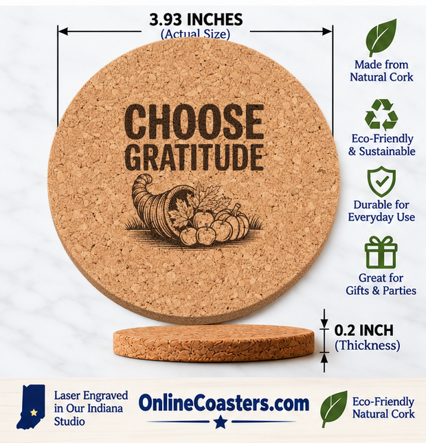 Choose Gratitude cork coaster size diagram, 3.93 inch diameter and 0.2 inch thickness