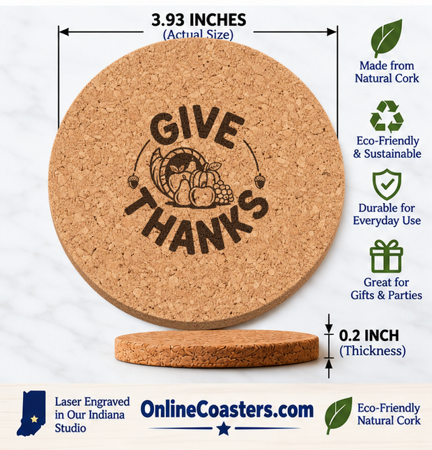 Thankful Cornucopia cork coaster size diagram, 3.93 inch diameter and 0.2 inch thickness