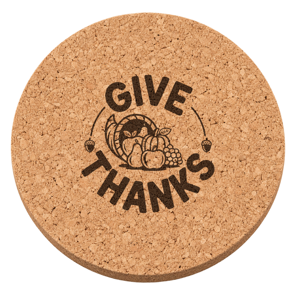 Thankful Cornucopia Thanksgiving cork coaster - transparent view