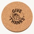 Thankful Cornucopia laser engraved Thanksgiving cork coaster - front view