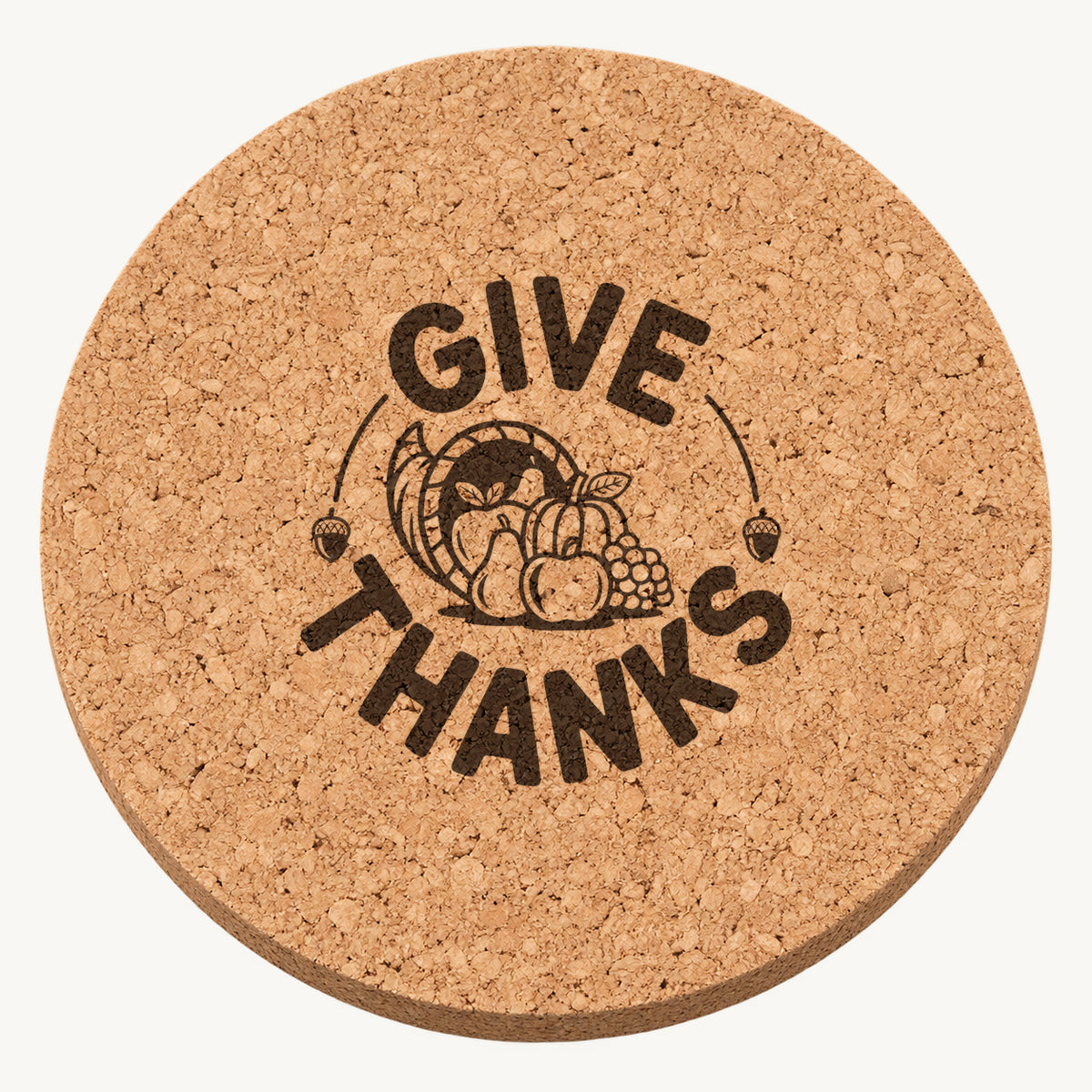 Thankful Cornucopia laser engraved Thanksgiving cork coaster - front view
