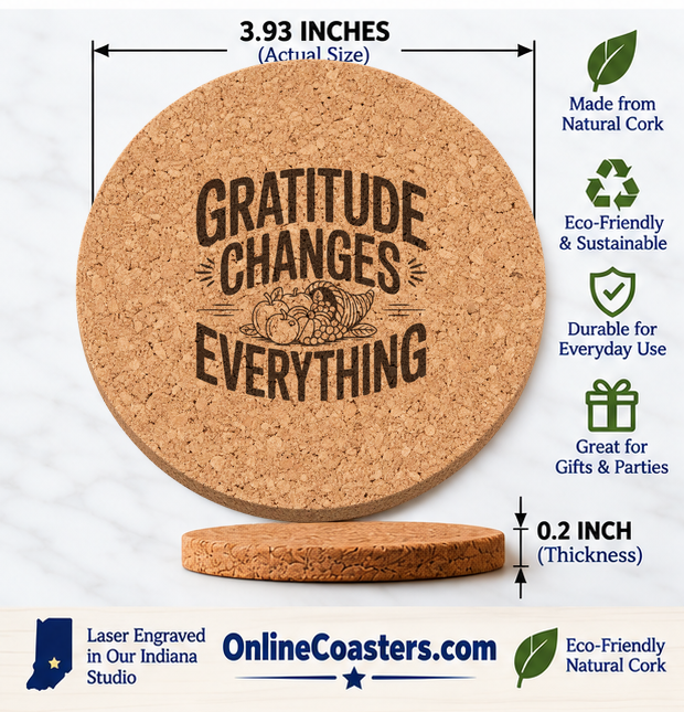 Bountiful Cornucopia cork coaster size diagram, 3.93 inch diameter and 0.2 inch thickness