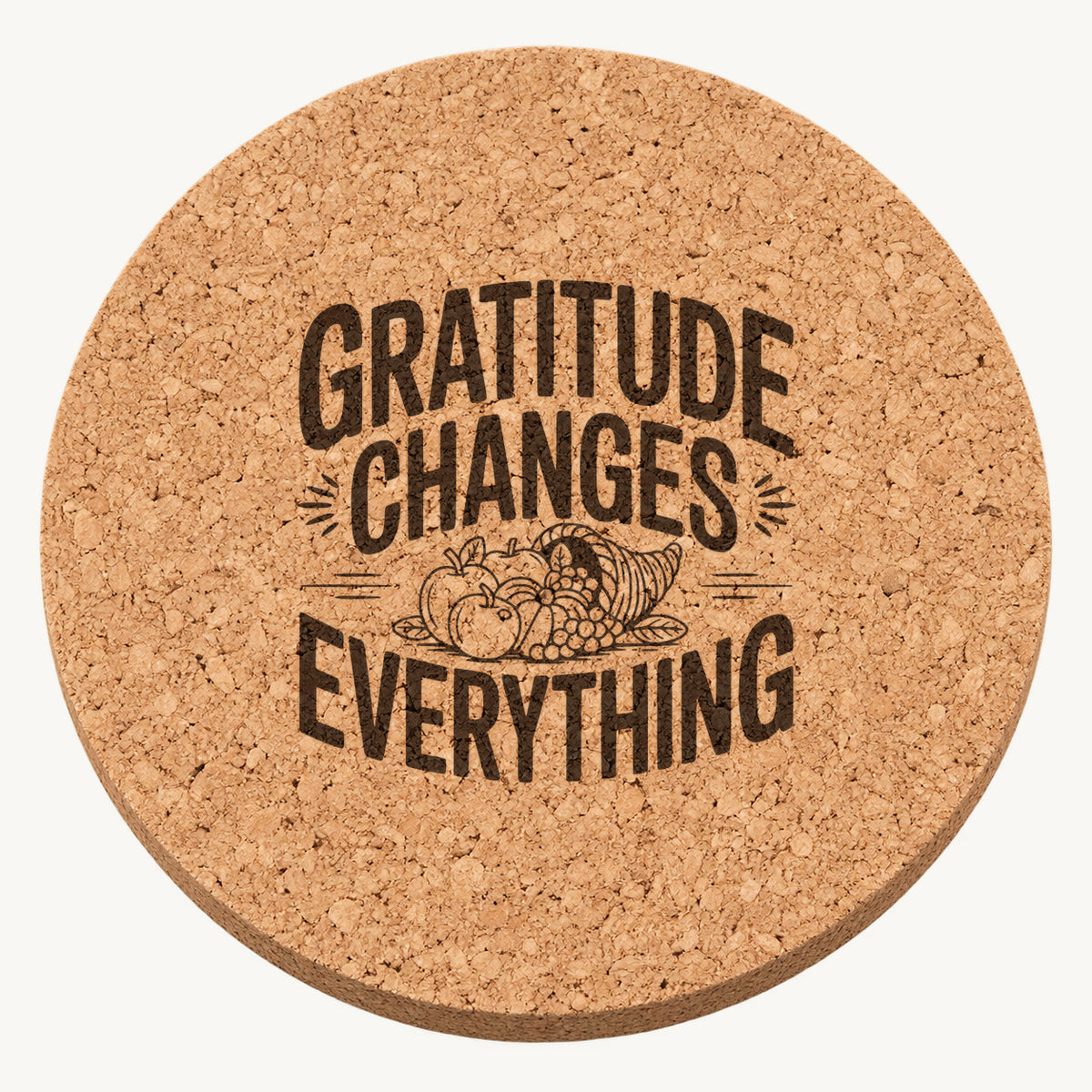 Bountiful Cornucopia laser engraved Thanksgiving cork coaster - front view