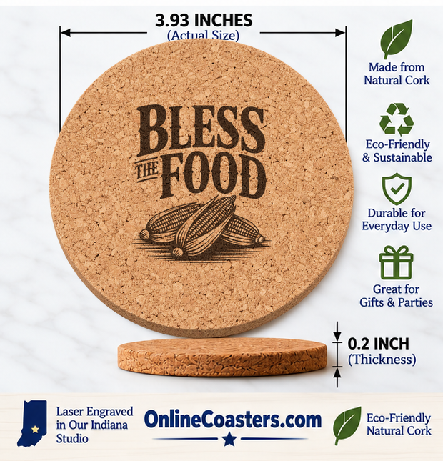 Bless The Food cork coaster size diagram, 3.93 inch diameter and 0.2 inch thickness