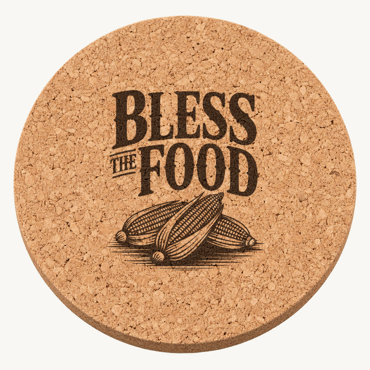 Bless The Food laser engraved Thanksgiving cork coaster - front view