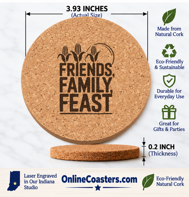 Friends Family Feast cork coaster size diagram, 3.93 inch diameter and 0.2 inch thickness