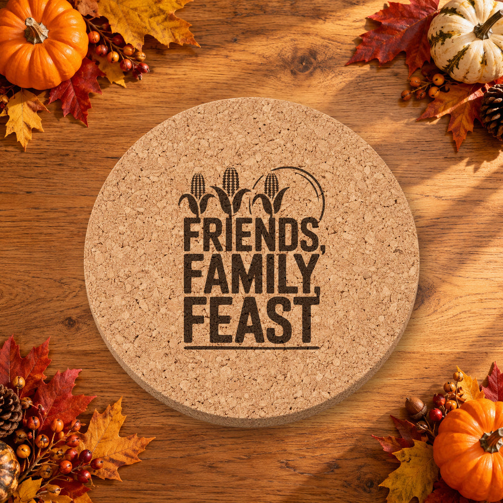 Friends Family Feast Thanksgiving cork coaster - lifestyle view