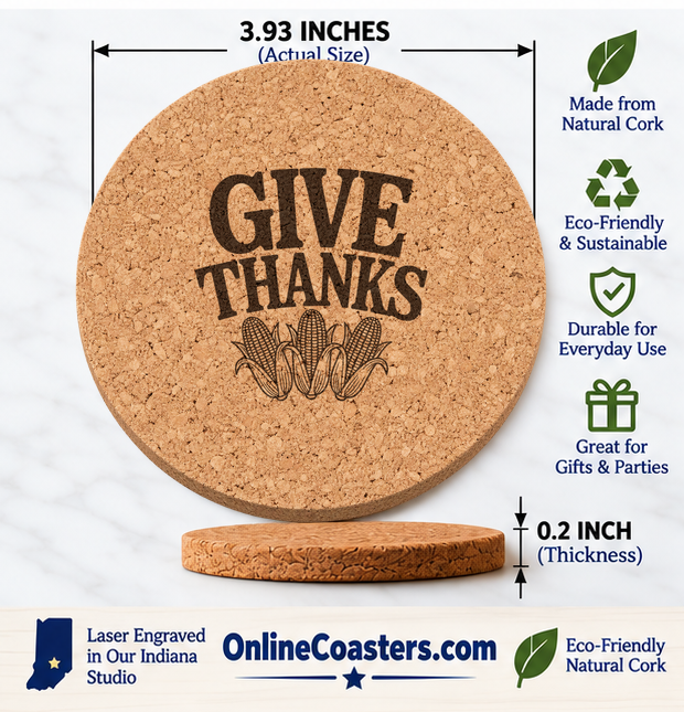 Corn Harvest Trio cork coaster size diagram, 3.93 inch diameter and 0.2 inch thickness