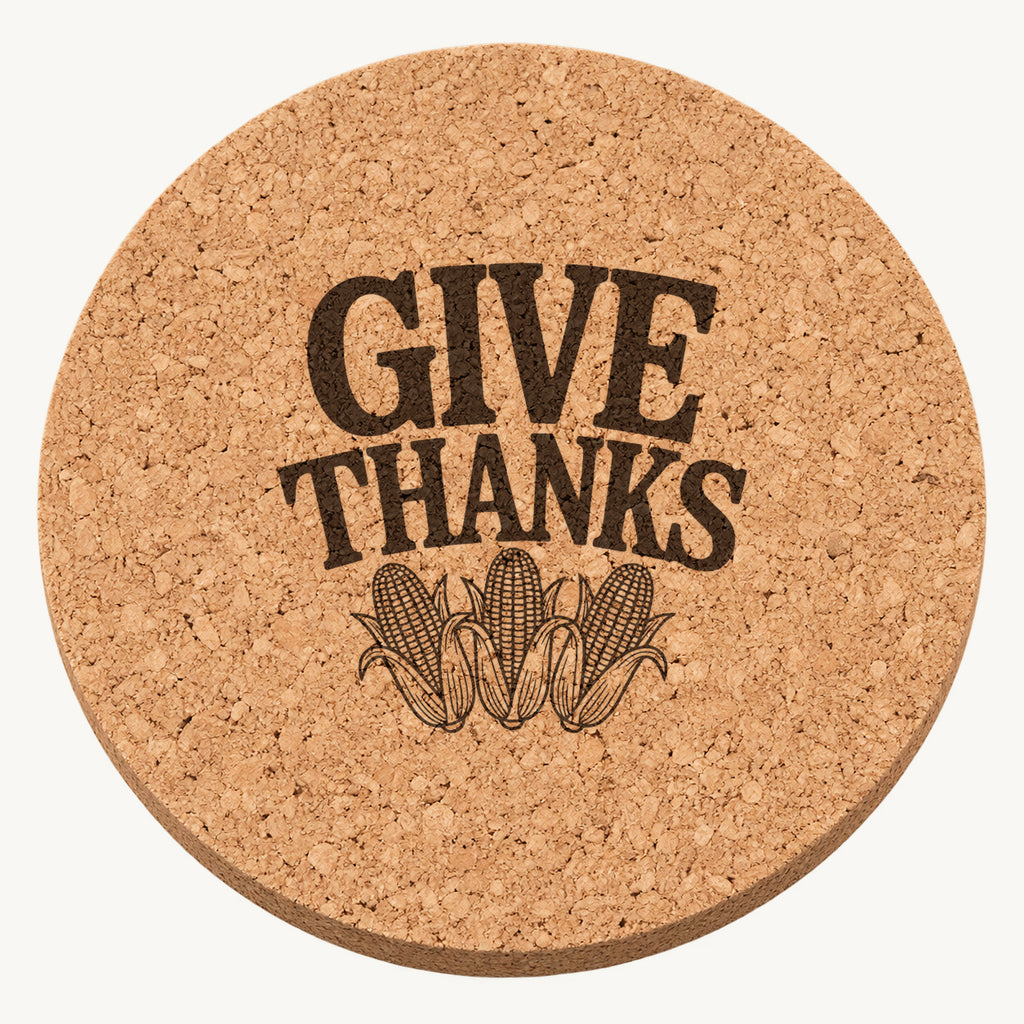 Corn Harvest Trio laser engraved Thanksgiving cork coaster - front view