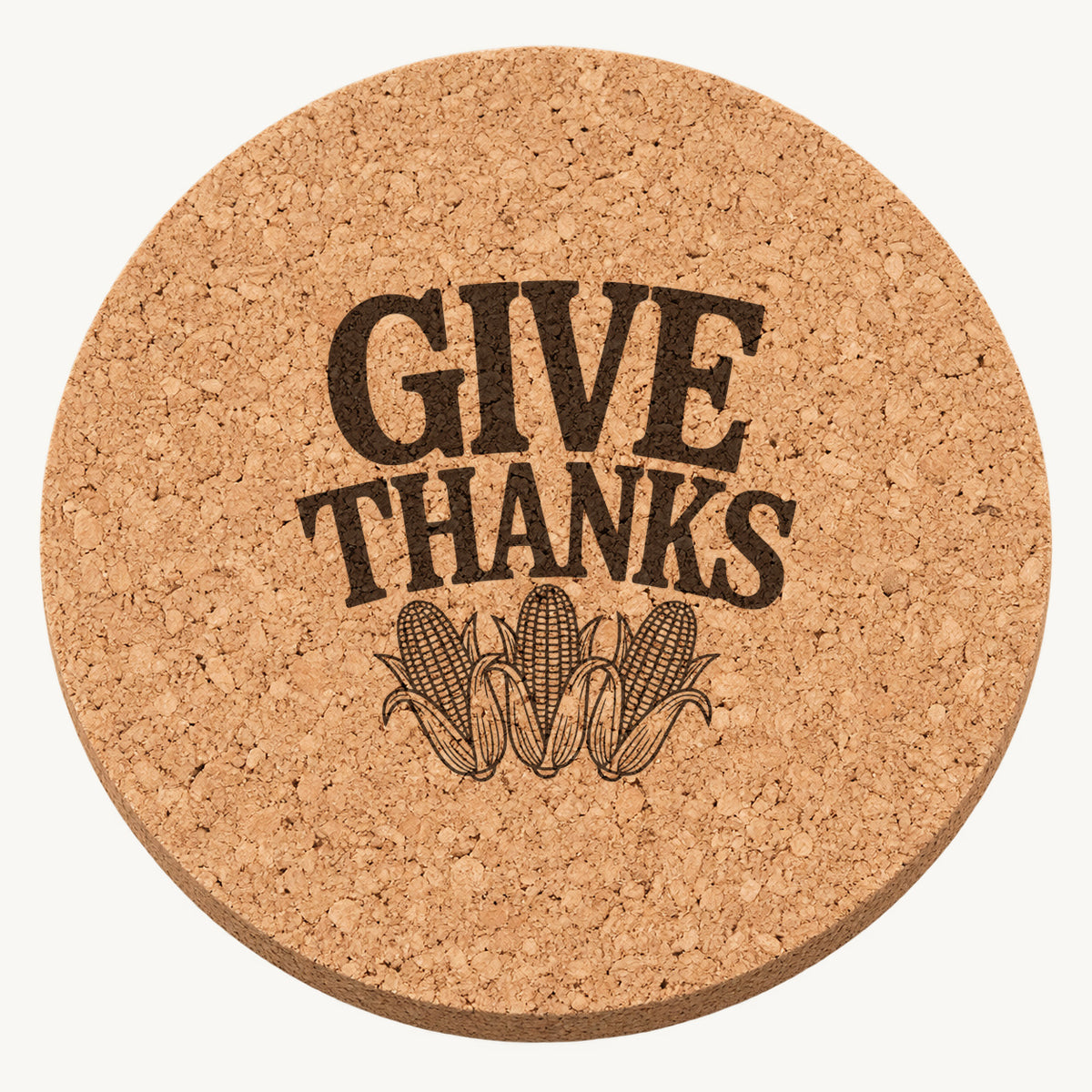 Corn Harvest Trio laser engraved Thanksgiving cork coaster - front view