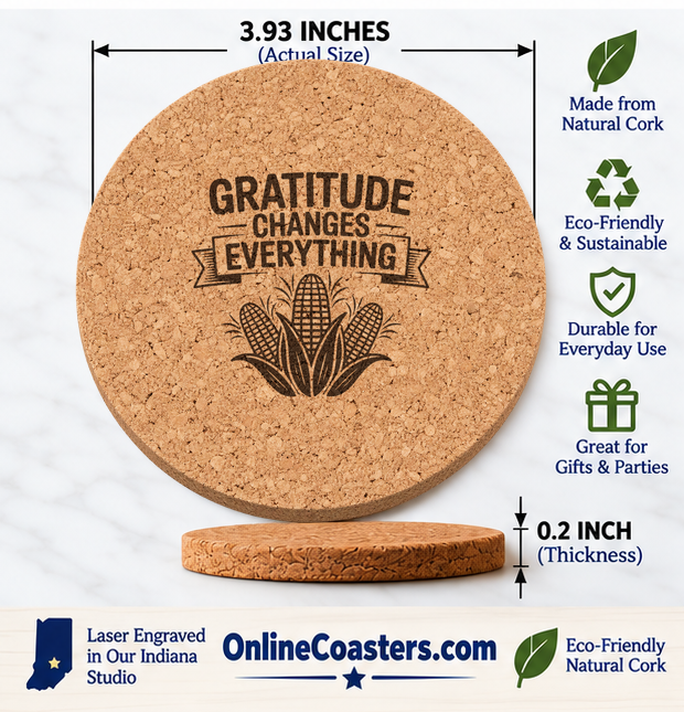 Harvest Corn Trio cork coaster size diagram, 3.93 inch diameter and 0.2 inch thickness