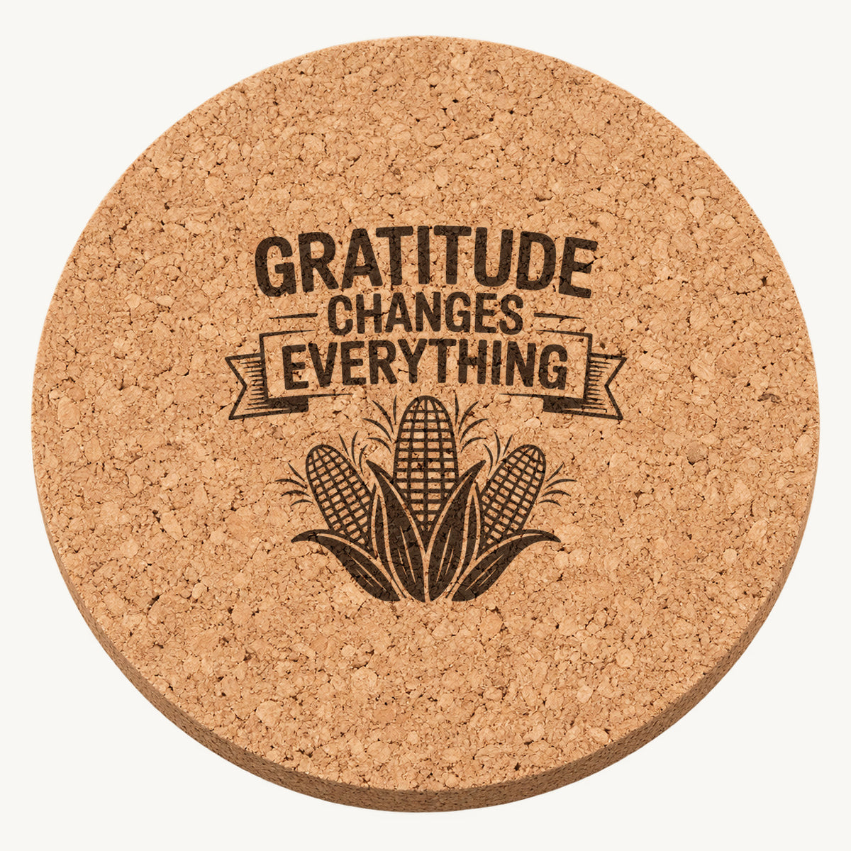 Harvest Corn Trio laser engraved Thanksgiving cork coaster - front view