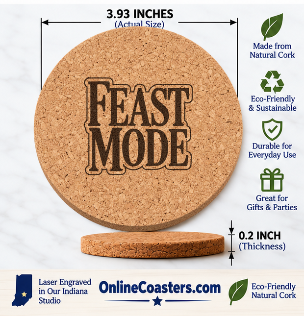 Feast Mode cork coaster size diagram, 3.93 inch diameter and 0.2 inch thickness