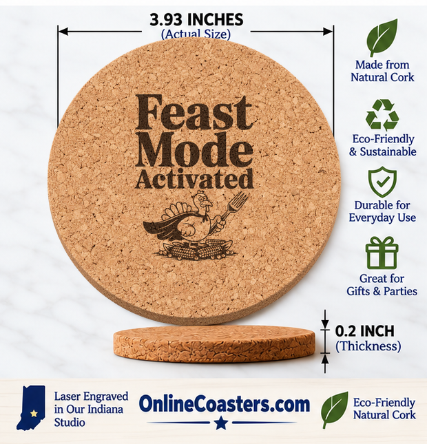Feast Mode Turkey cork coaster size diagram, 3.93 inch diameter and 0.2 inch thickness