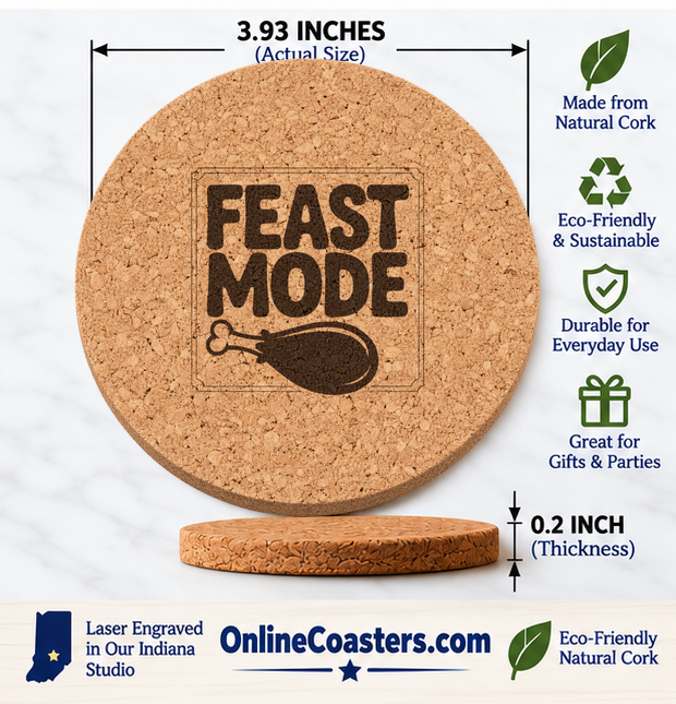 Feast Mode Drumstick cork coaster size diagram, 3.93 inch diameter and 0.2 inch thickness