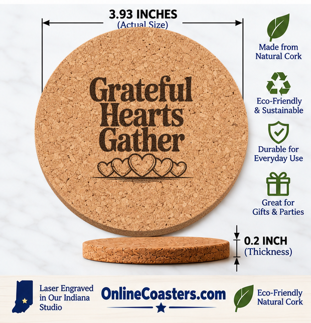 Grateful Hearts cork coaster size diagram, 3.93 inch diameter and 0.2 inch thickness