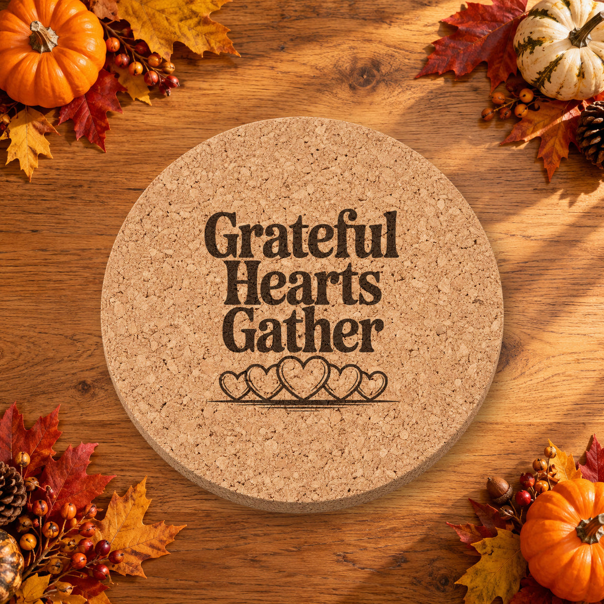 Grateful Hearts Thanksgiving cork coaster - lifestyle view