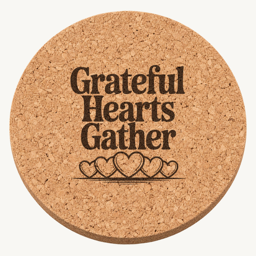 Grateful Hearts laser engraved Thanksgiving cork coaster - front view