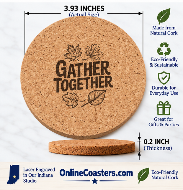 Gather Together Leaves cork coaster size diagram, 3.93 inch diameter and 0.2 inch thickness