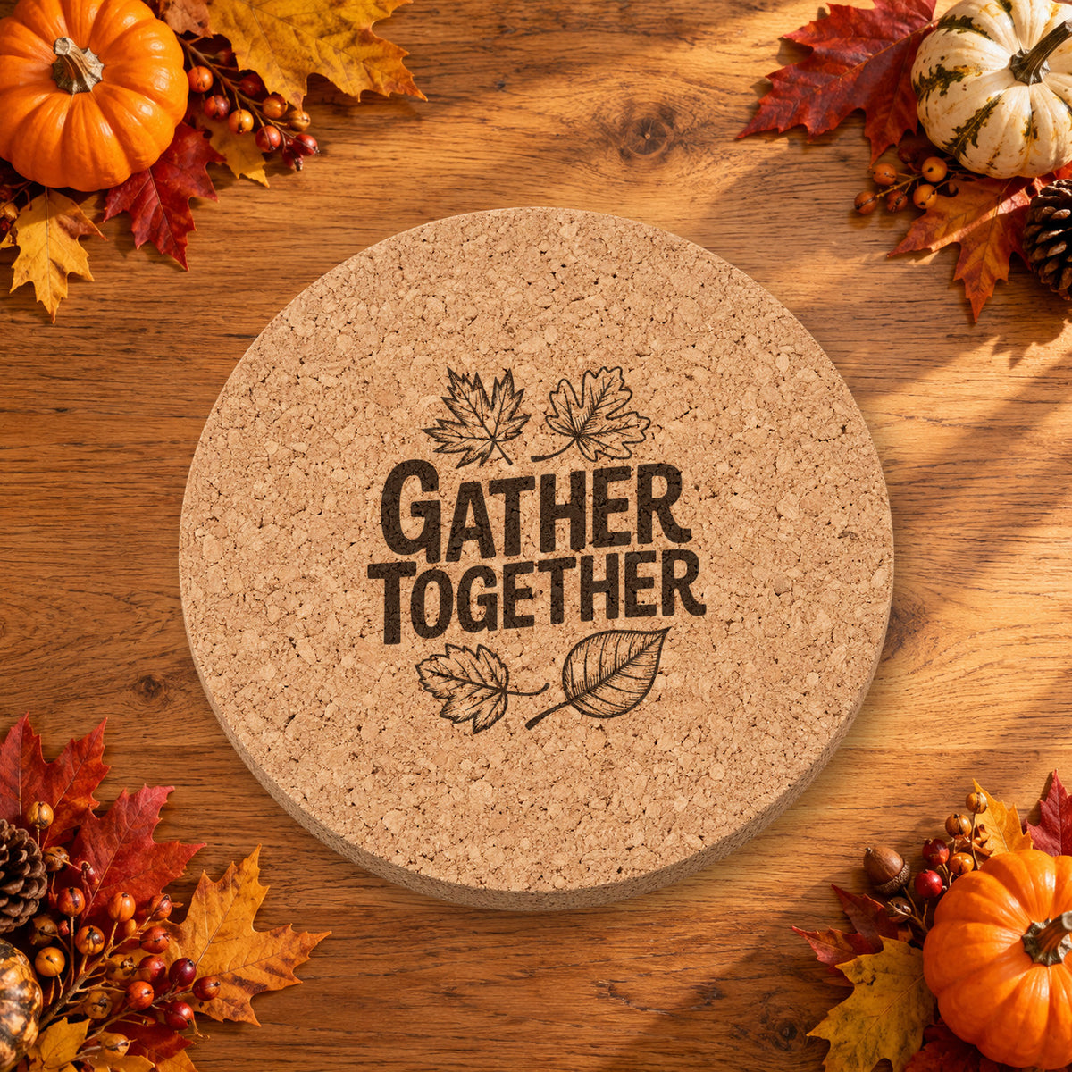 Gather Together Leaves Thanksgiving cork coaster - lifestyle view