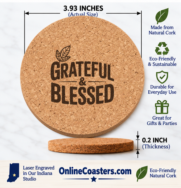 Paired Leaf Emblem cork coaster size diagram, 3.93 inch diameter and 0.2 inch thickness