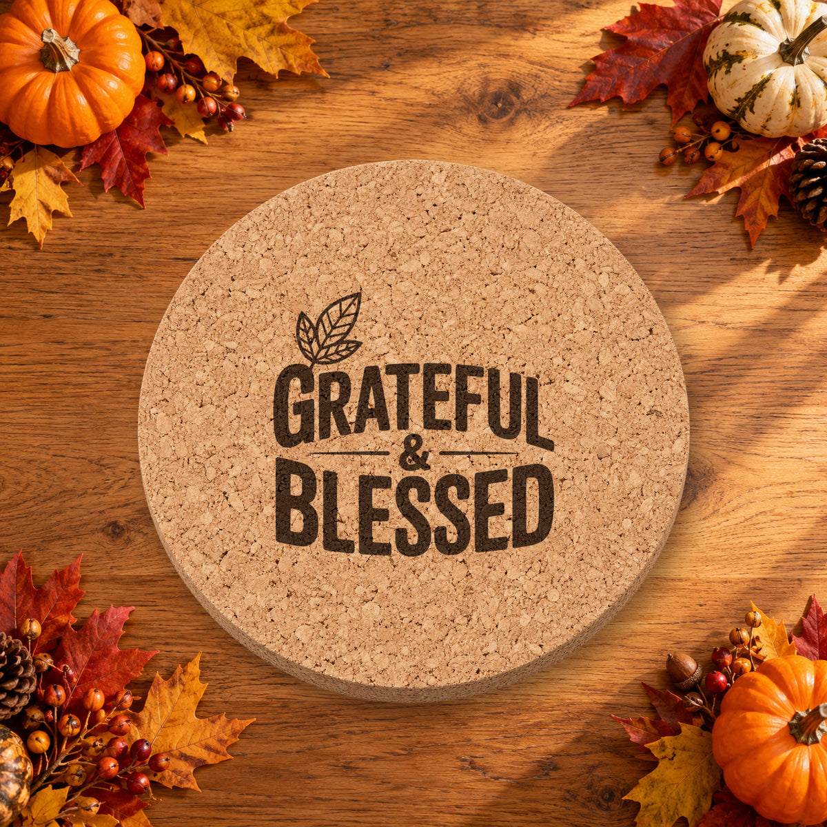 Paired Leaf Emblem Thanksgiving cork coaster - lifestyle view