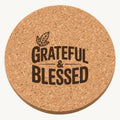 Paired Leaf Emblem laser engraved Thanksgiving cork coaster - front view