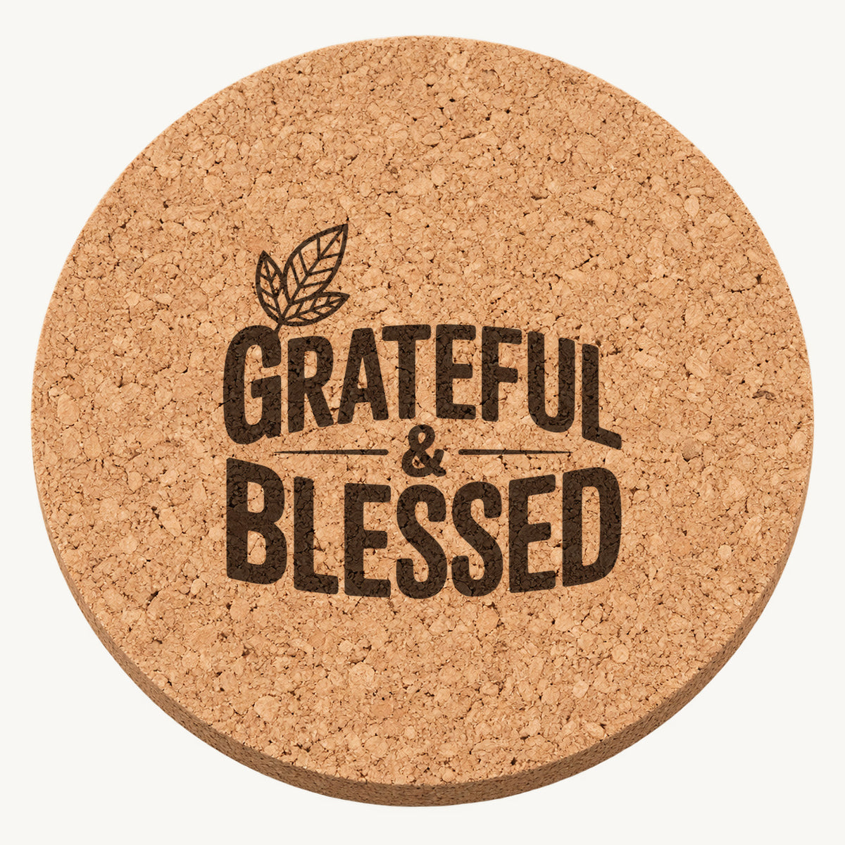 Paired Leaf Emblem laser engraved Thanksgiving cork coaster - front view