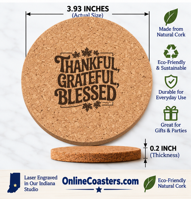 Thankful Grateful Blessed Design 37 cork coaster size diagram, 3.93 inch diameter and 0.2 inch thickness