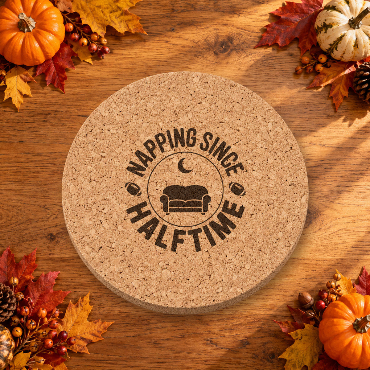 Napping Since Halftime Thanksgiving cork coaster - lifestyle view