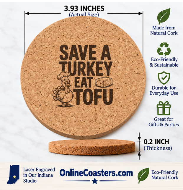 Thankful Chef Turkey cork coaster size diagram, 3.93 inch diameter and 0.2 inch thickness
